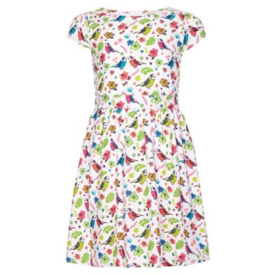 white Bird Print Short Sleeve Party Dress